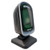 Angled side view of Element P881 black 2D desktop USB barcode scanner on base