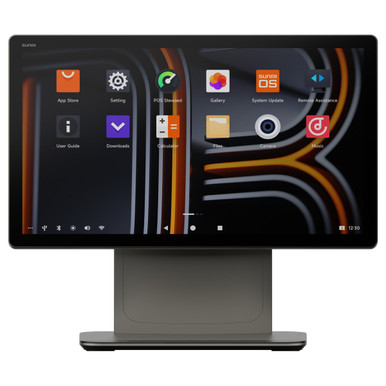 SUNMI D3 PRO 15.6 inch Android 13 POS terminal in black, front view on its aluminium stand showing the SUNMI OS home screen