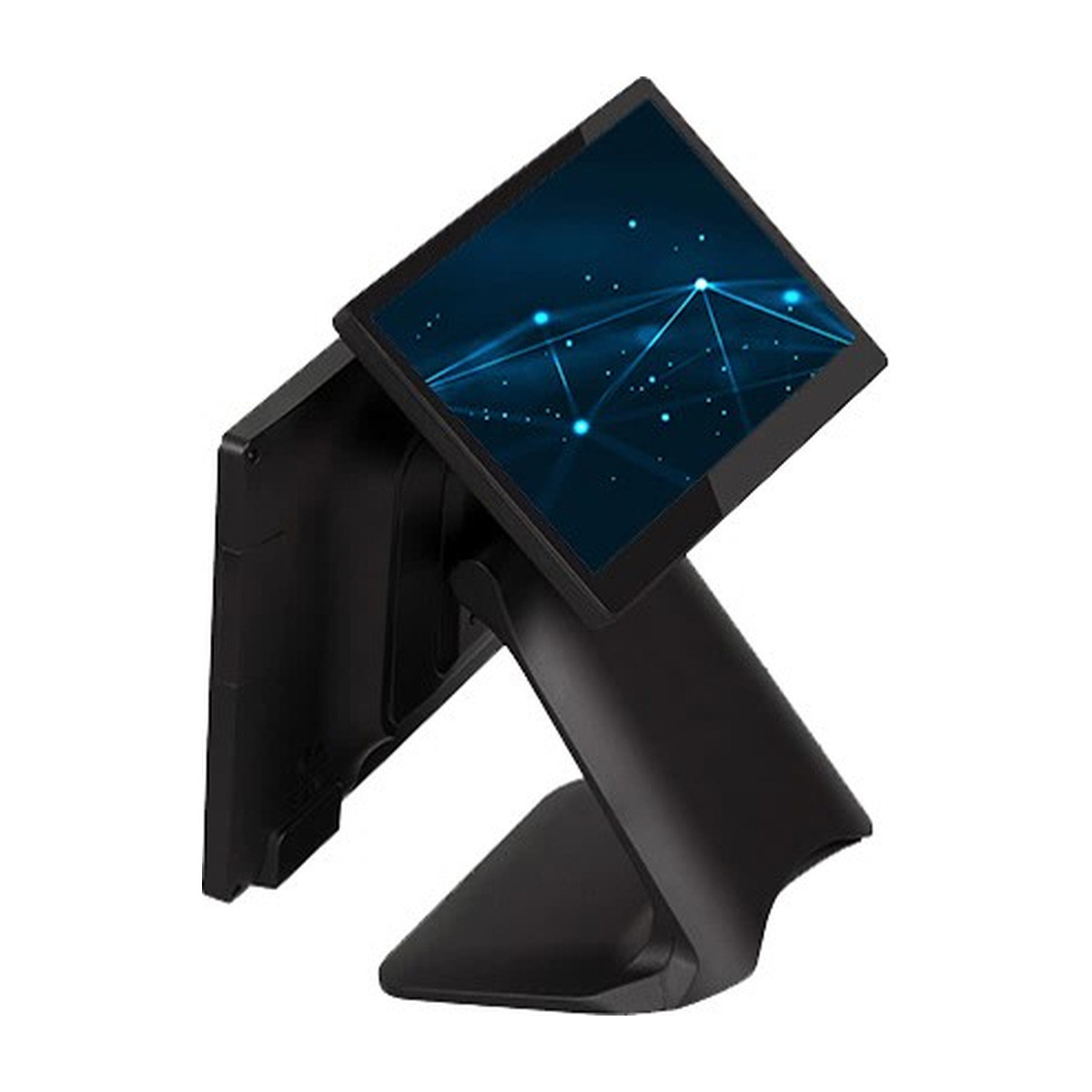 Nexa NP-1653+ Dual Display POS terminal in black, 15 inch operator touch screen with a 10.1 inch customer display on the rear, shown on its weighted stand