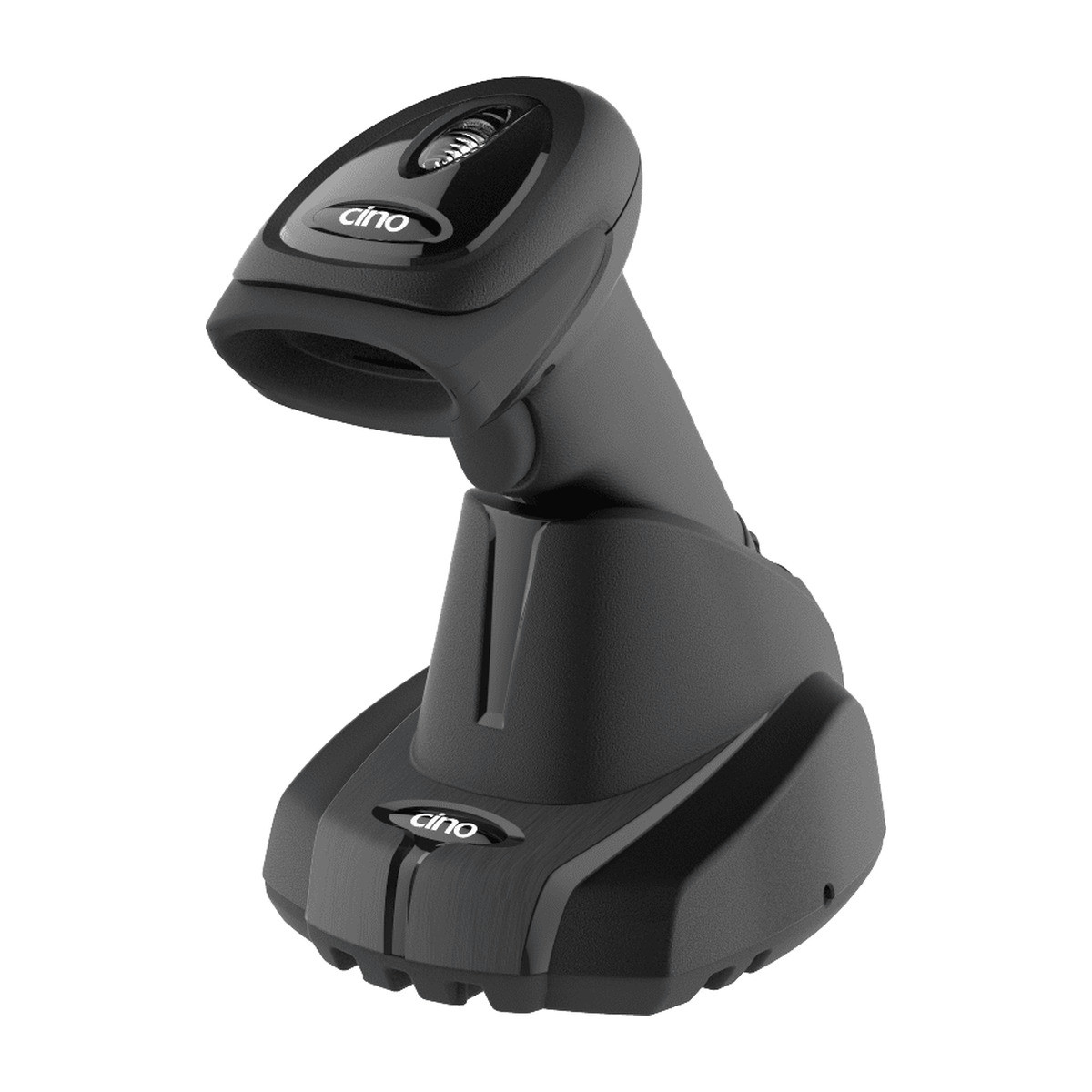 Cino FuzzyScan A678BT cordless 2D barcode scanner standing in its black wireless charging cradle, angled front view