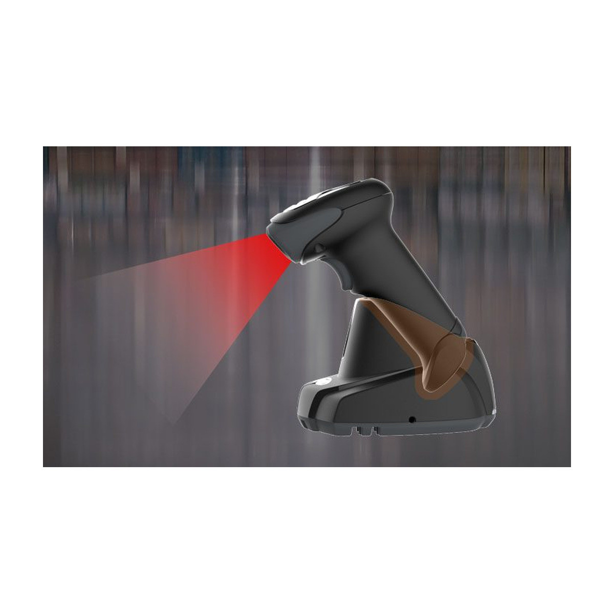 Cino A678BT scanner resting in its wireless charging cradle and reading hands free in presentation mode, with the red aimer projected forward