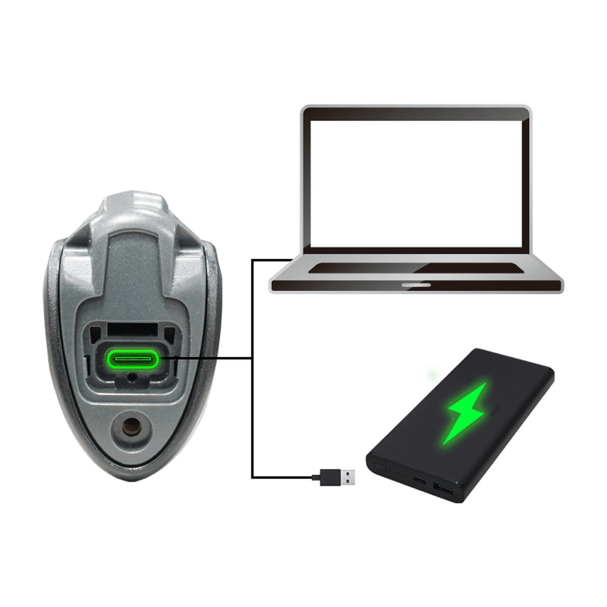 Diagram of the USB-C port on the base of the Cino A678BT scanner, shown connected to a laptop and to a power bank for charging