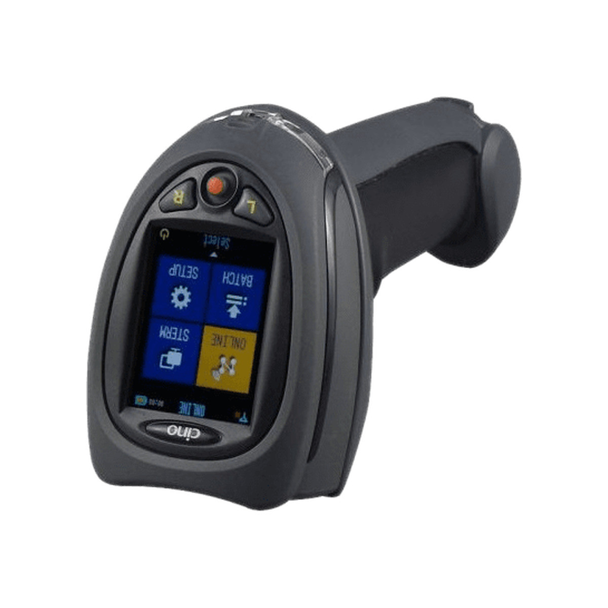 Cino FuzzyScan F790WD Wi-Fi barcode scanner in black, front view showing the two inch colour display with menu icons, the function keys and the navigation pad