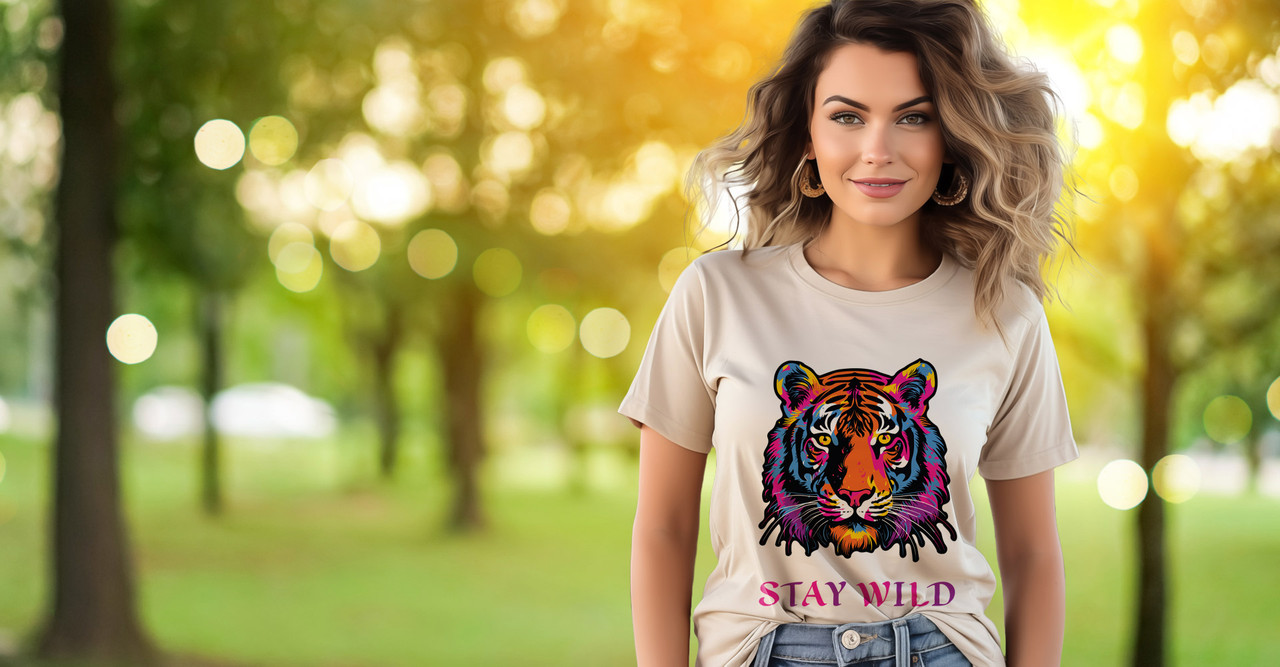 Lady wearing a tan colored tee with a colorful tiger head image on the front and Stay Wild written below it.