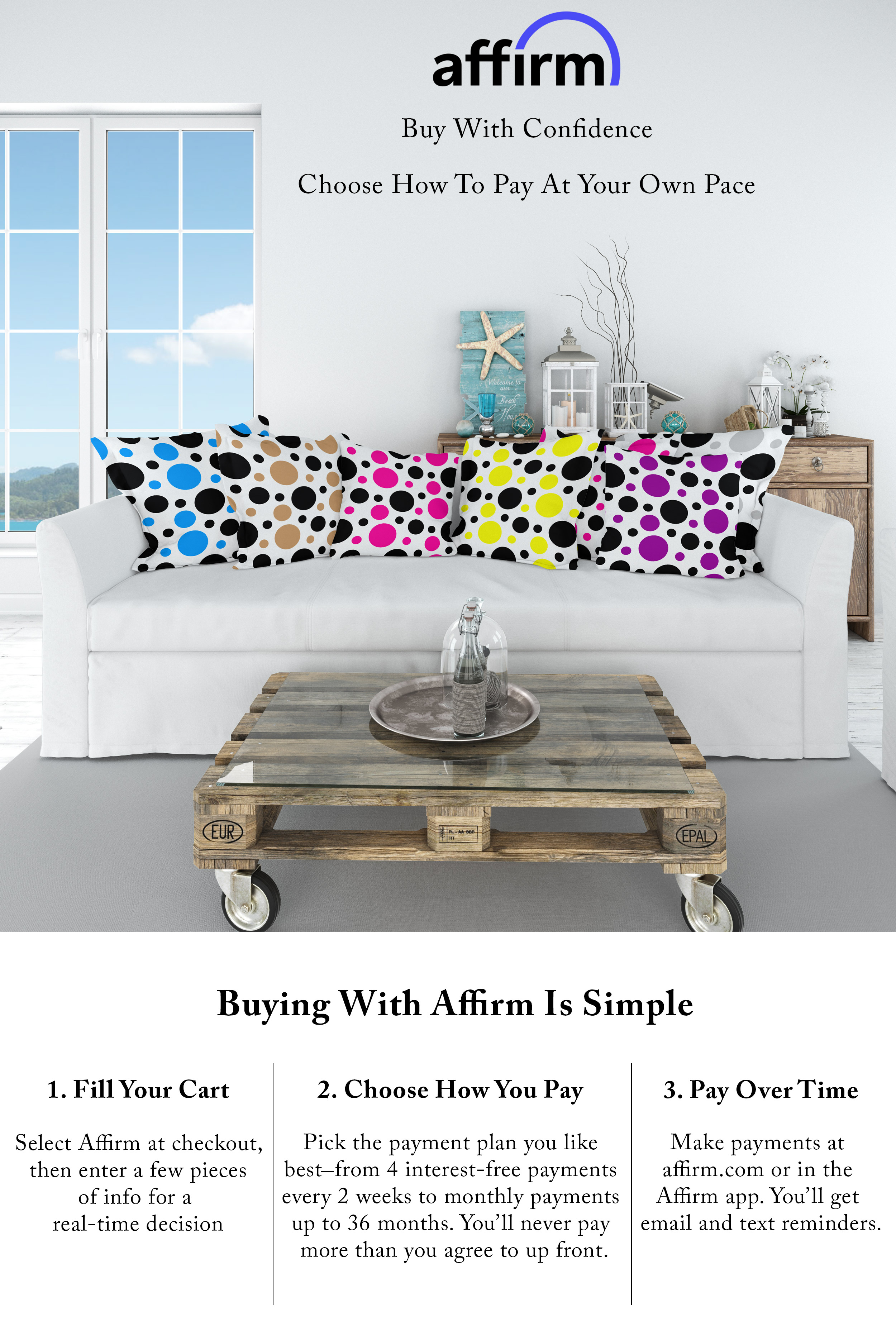 Coastal living room with colorful circles throw pillows