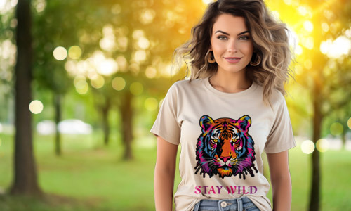Lady wearing a tan colored tee with a colorful tiger head image on the front and Stay Wild written below it.