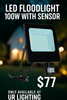 100W LED floodlight with built-in motion sensor by UR Lighting – weather-resistant IP65 outdoor light suitable for driveways, garages, commercial exteriors, and security applications, available in Prestons NSW for $77.