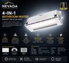 Nevada 4-in-1 bathroom heater with 2000W PTC ceramic heater, 350m³/hr exhaust fan, 23W tri-colour LED light, fan-only cooling mode and modern matt white ceiling-mounted design.