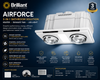 Brilliant Airforce 3-in-1 bathroom heater with dual radiant heat lamps, 400m³/hr exhaust fan, 12W LED light and energy-efficient BLDC motor in a modern white ceiling-mounted design.