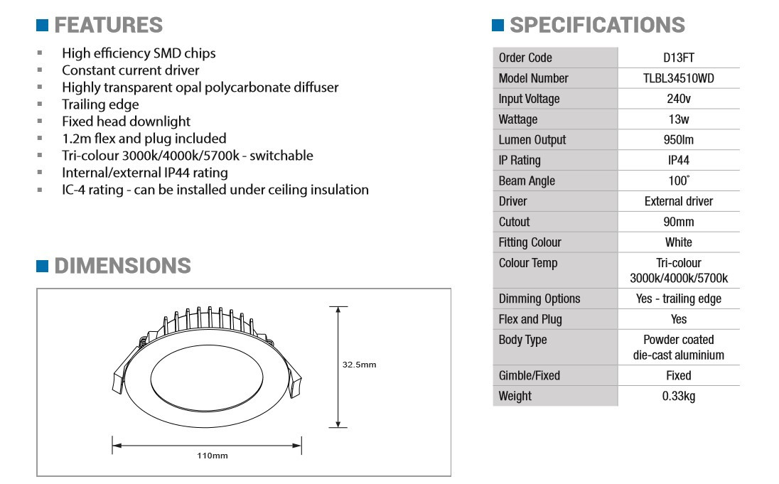 13W LED Flush Downlight Tri-Colour 90mm Cutout IP44