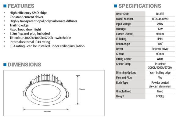 13W LED Downlight Dimmable Recessed Black Frame Tri Colour (Tami)