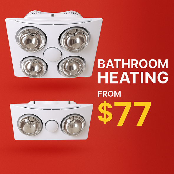 Bathroom Heater 3-in-1 SBH2 with heat lamps, LED light and exhaust fan – premium modern bathroom heating unit. Available for pickup from Unit 13, 45–47 Whyalla Place, Prestons NSW 2170.