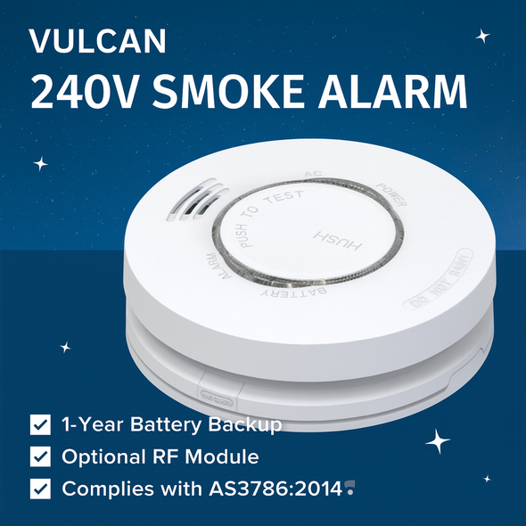 Vulcan 240V hardwired smoke alarm with 1-year battery backup and optional RF wireless interconnect module, AS3786:2014 compliant and CSIRO ActivFire listed, suitable for Australian residential and commercial fire safety installations.