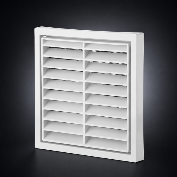 White external wall vent cover with UV-resistant ABS construction and integrated metal insect mesh for bathroom exhaust fans and ventilation systems.