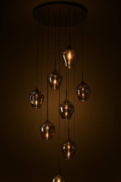 Smoke Grey Textured Glass Pendant Light – 8-Head E27 Chandelier