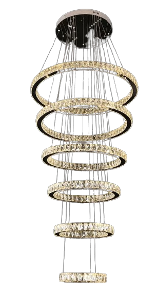Luxury six ring crystal chandelier with LED lighting and modern stainless steel finish.