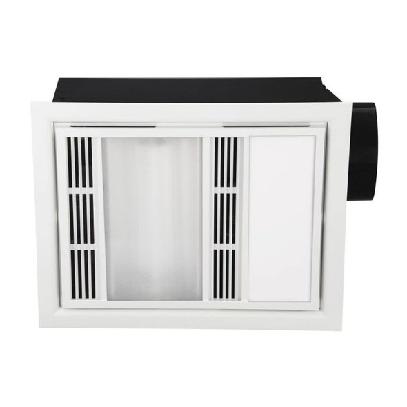 Domini 3-in-1 Bathroom Heater BH161ESWWH with exhaust fan, R7s 800W heat lamp, and adjustable CCT LED light (3000K/4000K/5000K). Features 460m³/hr airflow, quiet 60W motor, IP22 rating, sleek white fascia, easy installation with duct and draft stopper, and safety features including triple overheating protection and wall controller.