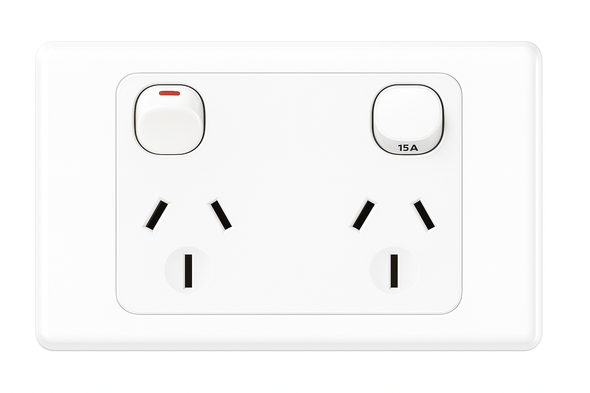 Dexton 15A Double Power Point GPO – Heavy-Duty Wall Outlet for high-powered appliances, 240V 15 Amp double socket, sleek white gloss finish, Australian Standards approved – ideal for workshops, kitchens, and commercial spaces in Sydney NSW
