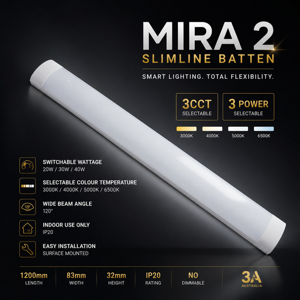 MIRA 2 Slimline LED Batten | 20W/30W/40W Switchable | 3000K-6500K LED Batten