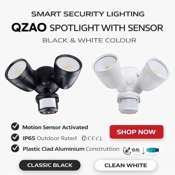 QZAO 24W LED Motion Sensor Spotlight – IP65 Outdoor Security Light (Black & White)