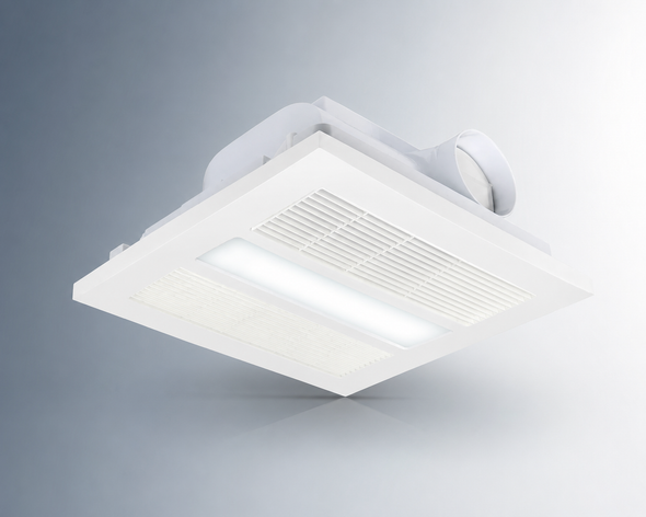Solace 3-in-1 bathroom heater with dual 1000W and 2200W PTC ceramic heating, 240m³/hr exhaust fan, integrated 12W LED light and slimline white ceiling design.