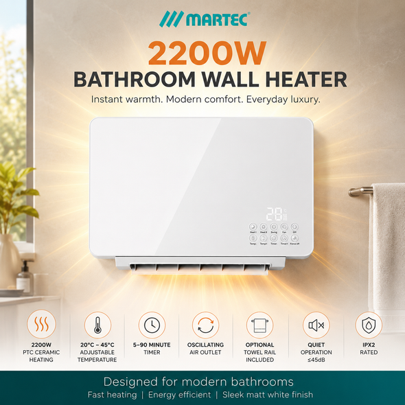 Enjoy fast, convenient bathroom heating with the MBHT2200W 2200W Bathroom Wall Heater. Featuring a powerful PTC ceramic heating element, digital temperature display, touch-button controls, adjustable timer and oscillating airflow, it delivers comfortable and evenly distributed warmth throughout the room.