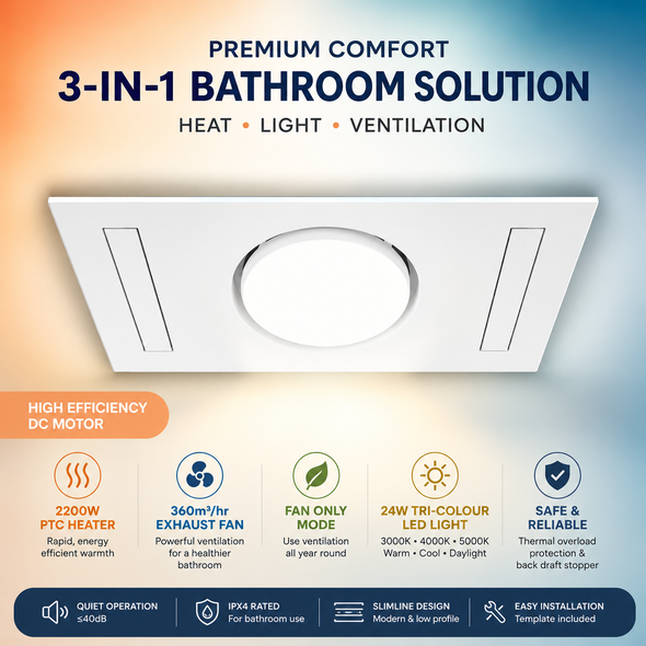 Martec MBHQ2200W 3-in-1 bathroom heater with integrated LED light and exhaust fan, featuring a 2200W PTC heater, 360m³/hr ventilation, tri-colour LED lighting and a modern slimline white ceiling design.