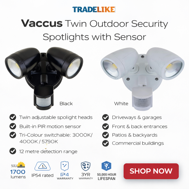 TLVA3026MS Twin LED Spotlight with PIR Sensor | IP54 Outdoor Security Light Black & White TradeLike Vaccus twin outdoor security spotlight with PIR motion sensor in black and white finish, IP54 rated LED wall light for driveways, garages and outdoor areas.