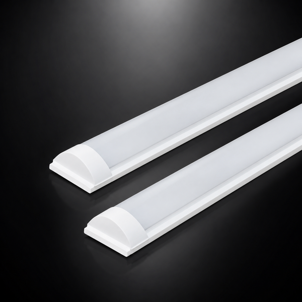 Tri-Colour Slimline LED Batten with AU Plug displayed on a premium dark gradient background. Modern plug-and-play LED batten featuring selectable 3000K, 5000K and 6500K colour temperatures for residential and commercial lighting applications.