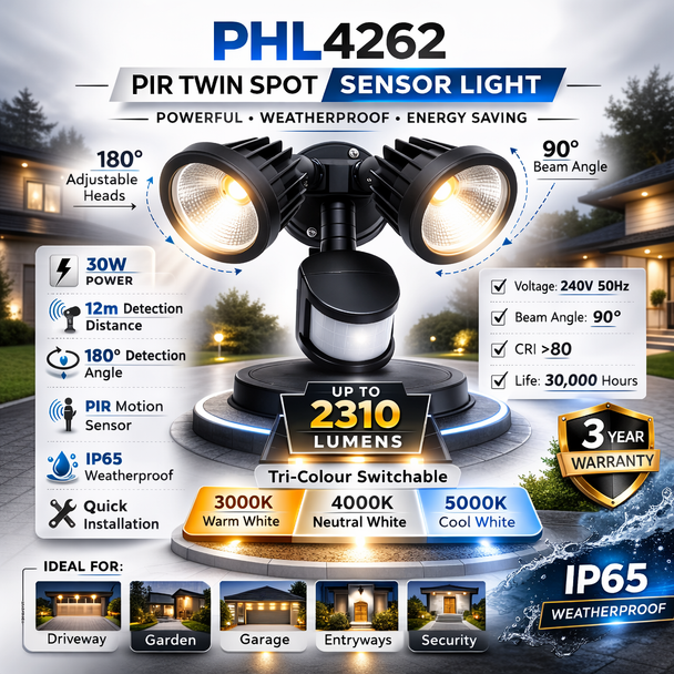 PHL4262 PIR Twin Spot Sensor Light 30W IP65 Tri-Colour LED Outdoor Security Spotlight Black