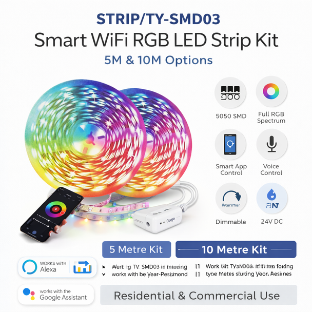 TUYA Wi-Fi RGB LED Strip Kit 10M - 24V, RGB Color Changing, Smart Control with App and Voice Activation, IP44 Rated, Easy Installation with 3M Adhesive Backing