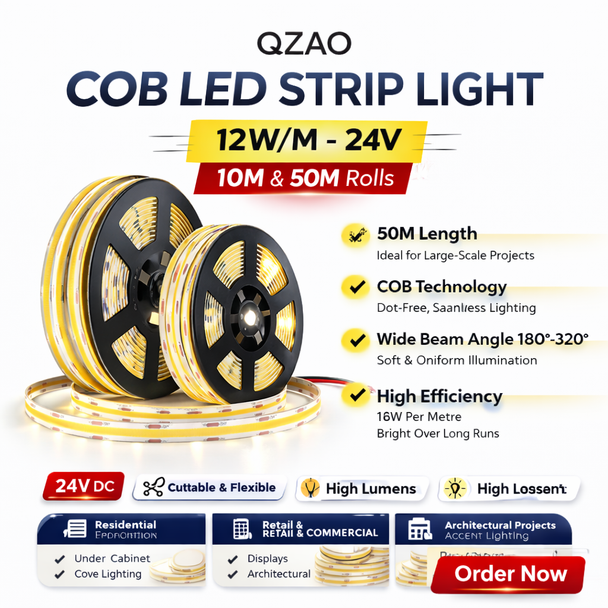 12W/M COB LED Strip Light – 24V (10M & 50M Rolls)