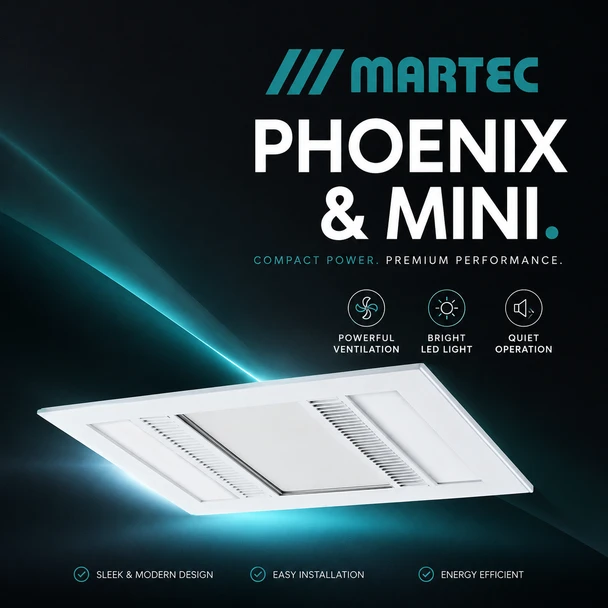 Martec Phoenix White 3-in-1 Bathroom Exhaust Fan with LED Light & Heater – Models MBHP1000W and MBHPM1000W