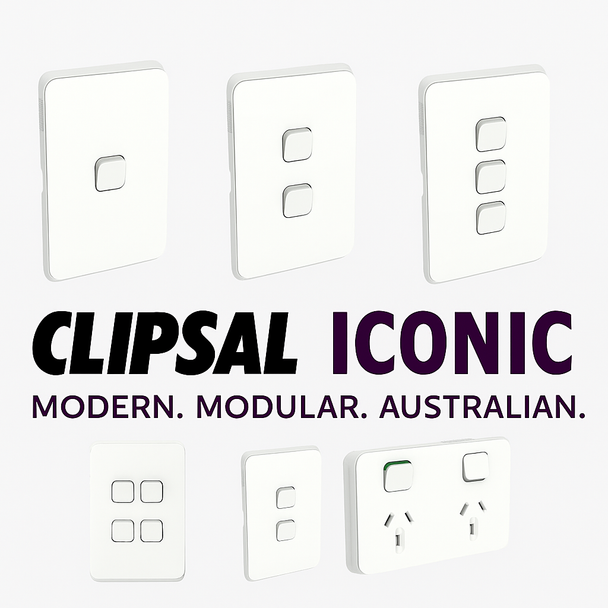 Clipsal Iconic Series Light Switches and Power Points – modern modular electrical fittings with sleek white design, ideal for Australian homes and offices. Featuring 1 to 4 gang switches and double GPO outlets with a premium minimalist finish.