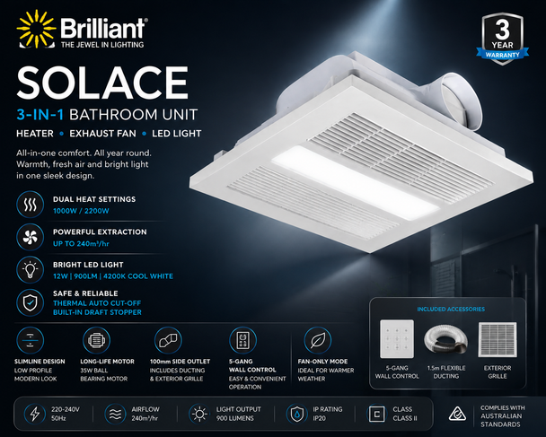 Solace 3-in-1 bathroom heater with dual 1000W and 2200W PTC ceramic heating, 240m³/hr exhaust fan, integrated 12W LED light and slimline white ceiling design.