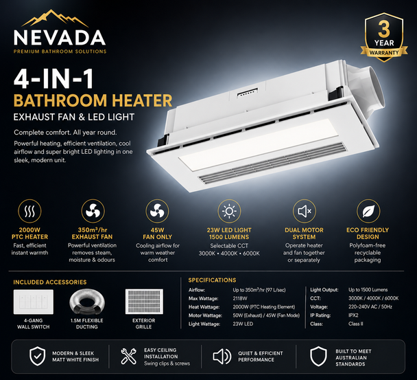 Nevada 4-in-1 bathroom heater with 2000W PTC ceramic heater, 350m³/hr exhaust fan, 23W tri-colour LED light, fan-only cooling mode and modern matt white ceiling-mounted design.