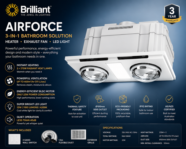 Brilliant Airforce 3-in-1 bathroom heater with dual radiant heat lamps, 400m³/hr exhaust fan, 12W LED light and energy-efficient BLDC motor in a modern white ceiling-mounted design.