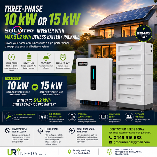 Solinteg hybrid inverter and Dyness Stack100 Pro solar battery system displayed outside a modern home with rooftop solar panels at sunset.