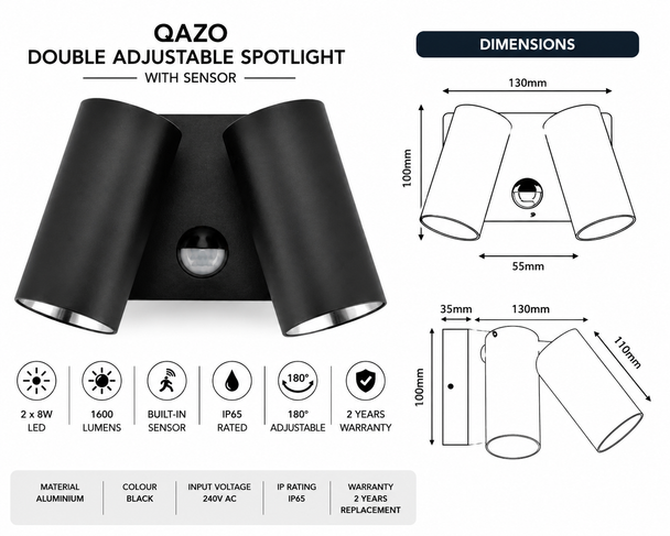 QZAO LED Aluminum DOUBLE SPOTLIGHT W/SEN