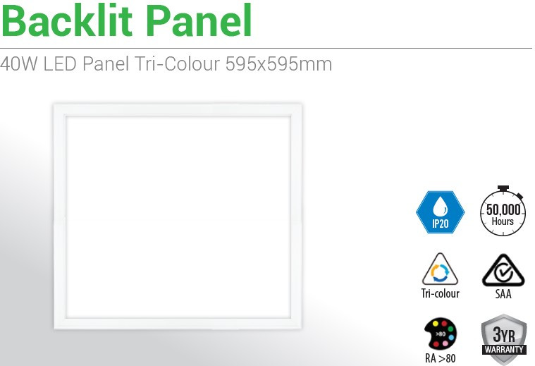 6 X 40W LED Panel T Bar Troffer Tri Colour (595x595mm)