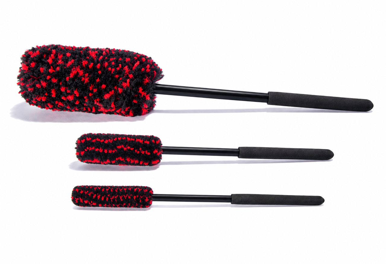 3 Piece Spoke Brush kit 18" Large, 12" Medium and 12" Small with Black Anti-Slip Grip