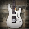 Schecter C-6 Floyd Rose Deluxe Satin White Electric Guitar with dual humbuckers, Floyd Rose tremolo bridge, and smooth satin white finish.