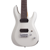 Schecter C-8 Deluxe Satin White Electric Guitar with 8-string design, dual humbuckers, and sleek satin white finish.