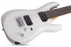 Schecter C-8 Deluxe Satin White Electric Guitar with 8-string design, dual humbuckers, and sleek satin white finish.