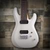 Schecter C-8 Deluxe Satin White Electric Guitar with 8-string design, dual humbuckers, and sleek satin white finish.