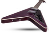 Schecter V-1 Custom Electric Guitar in Trans Purple finish with Flying V body, dual Seymour Duncan humbuckers, and chrome hardware.