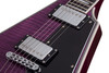 Schecter V-1 Custom Electric Guitar in Trans Purple finish with Flying V body, dual Seymour Duncan humbuckers, and chrome hardware.