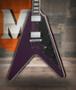 Schecter V-1 Custom Electric Guitar in Trans Purple finish with Flying V body, dual Seymour Duncan humbuckers, and chrome hardware.