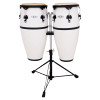The Toca Synergy Fiberglass Conga Set (2300FWH) includes 10" and 11" congas constructed from durable, lightweight fiberglass for bright, cutting tones and excellent projection. Finished in a clean white color with black hardware, this set comes with a sturdy double conga stand, making it ideal for students, practice rooms, performance setups, and educational environments.