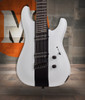 Schecter C-7 Contrasts Rob Scallon 7-String Multiscale guitar featuring a dual white/black finish, multi-scale ebony fingerboard, signature pickups, lightweight body, and signature Rob Scallon design elements.